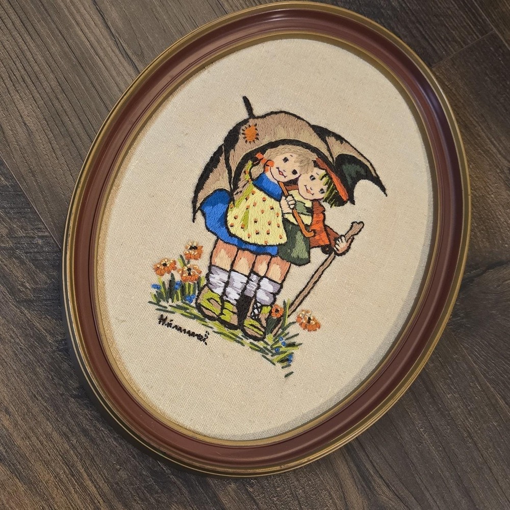Vintage Hummel Embroidery Boy Girl Umbrella Oval Framed Crewel Needlework